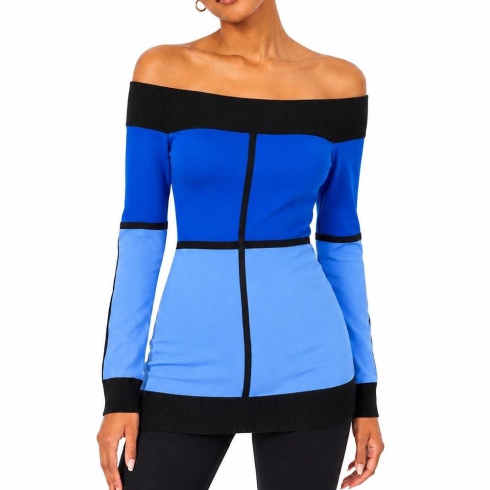 L Philippe Matignon Colorblock Long Sleeve Off The Shoulder Skin Tight Nylon Top